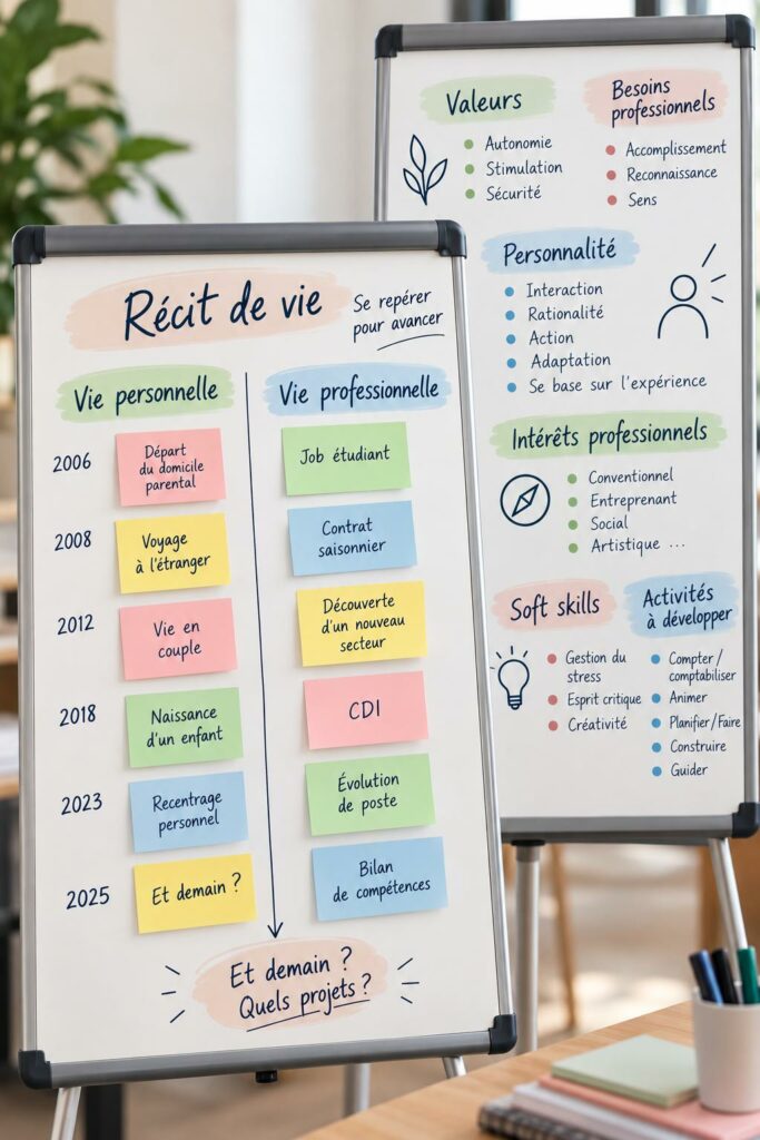 Atelier de bilan de compétences : tableau « Récit de vie » avec les étapes de vie personnelle et professionnelle, valeurs, besoins et soft skills