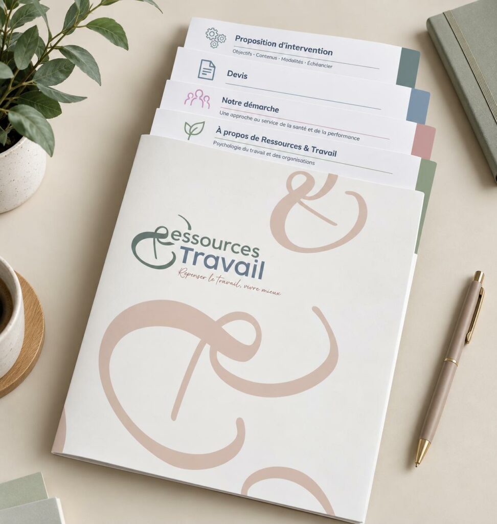 Pochette Ressources & Travail avec devis et proposition d'intervention, documents remis par le cabinet de psychologie du travail à Condrieu